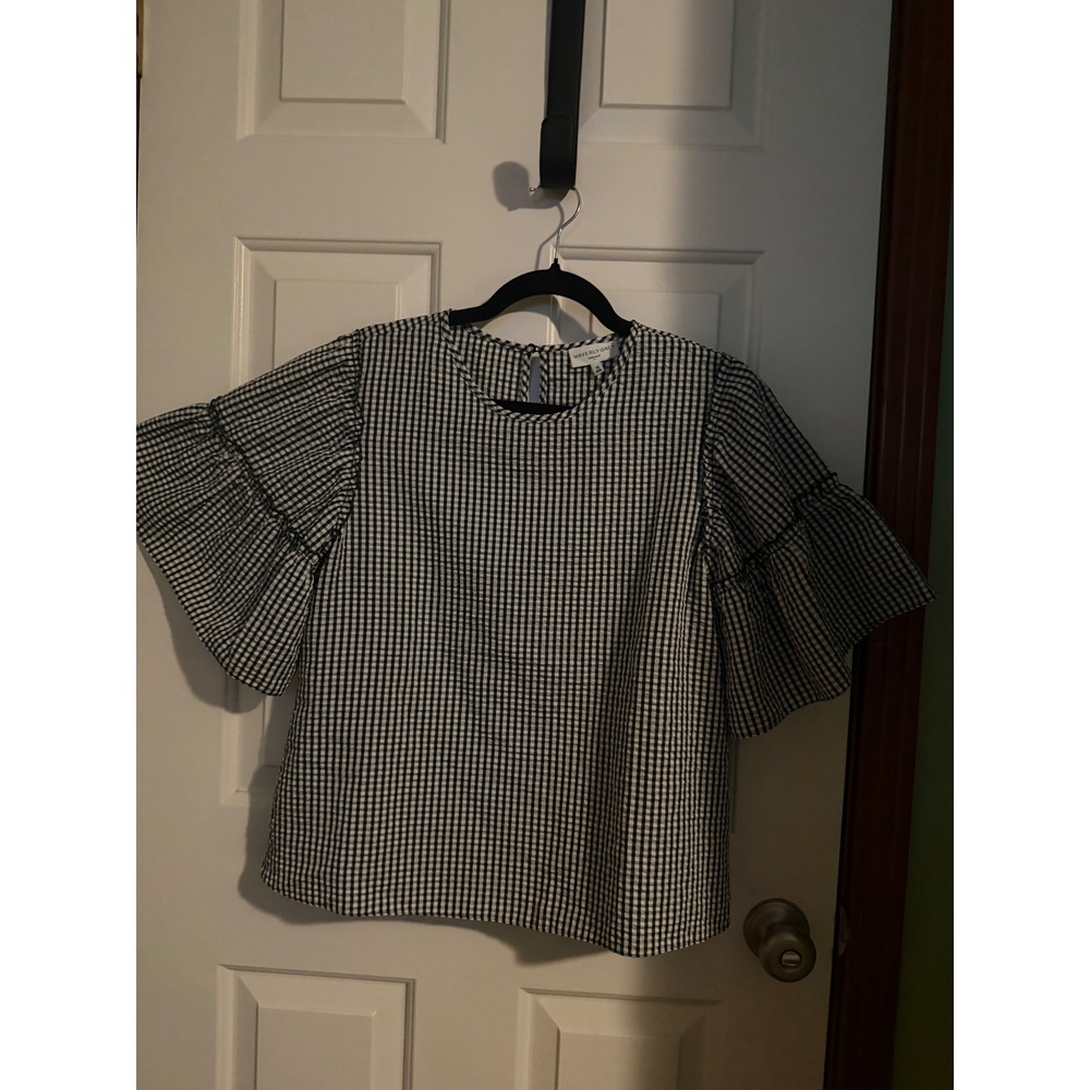 Waverly Grey Gingham Seersucker Ruffle Tiered Sleeve Top Black White Small